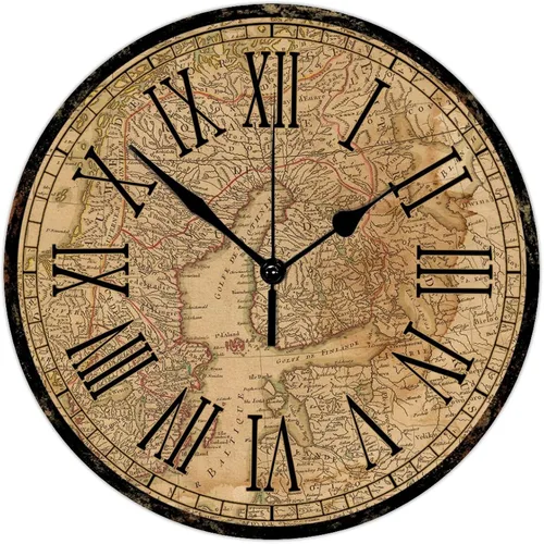 Miniatura 9 de Reloj de pared de madera de estilo vintage, mapa del mundo antiguo con números grandes, reloj de pared redondo preciso, estilo antiguo