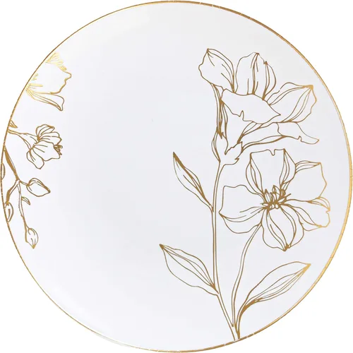 PLASTICPRO Platos de plástico blanco con diseño floral con borde dorado, platos desechables elegantes y pesados de primera calidad (120 platos de 6