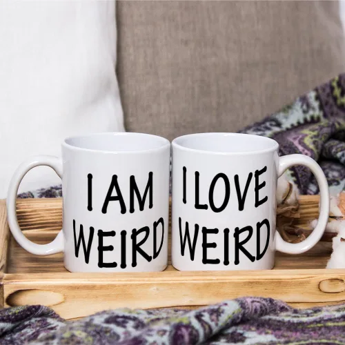 Miniatura 4 de Fatbaby Juego de tazas de café para él y ella, con texto en inglés "I Am Weird,I Love Weird,I Love Weird,I Love Weird," juego de tazas divertidas