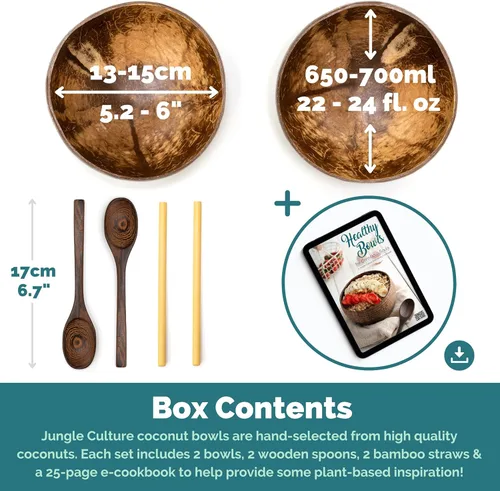 Miniatura 2 de Jungle Culture Juego de 2 cuencos de coco pulido y cucharas de madera con pajitas de bambú • Tazones de yogur natural y batidos ideales para creami