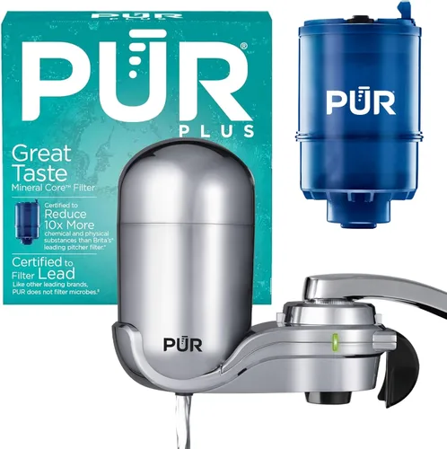 PUR PLUS - Sistema de filtración de agua para montaje en grifo vertical, filtro reductor de plomo, agua de gran sabor, fácil de instalar, dura 100