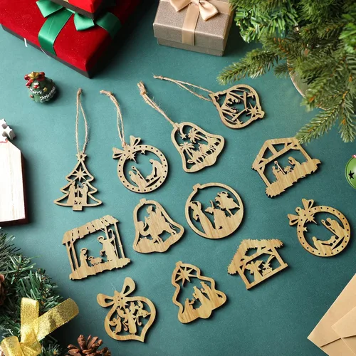 Miniatura 4 de Juego de 24 adornos de madera para árbol de Navidad, decoración religiosa del nacimiento de Jesús, decoración colgante para familia cristiana (forma)