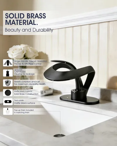 Miniatura 4 de AUU - Elegante grifo de lavabo de baño con un solo agujero, cascada negro mate, grifo de lavabo de latón sólido, grifo de lavabo de una sola manija