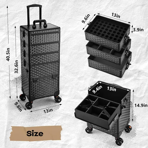 Miniatura 6 de Yueieoun Maletín de Maquillaje Profesional 5 en 1 con Ruedas, Estuche de Cosméticos Extra Grande de Aluminio Rodante Trolley de Maquillaje Negro Air