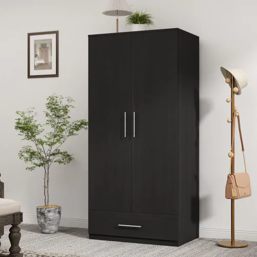 Armario con 2 puertas, armario independiente con cajón y barra para colgar, organizador de ropa tipo C negro (31.5 pulgadas de ancho x 18.9 pulgadas