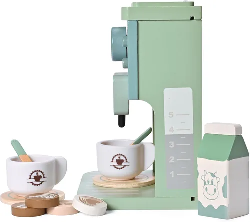 Miniatura 4 de Juguetes de Madera para Niños Accesorios de Cocina de Juguete para Niños Pequeños Cafetera de Café Verde Máquina de Espresso Juego de Cocina