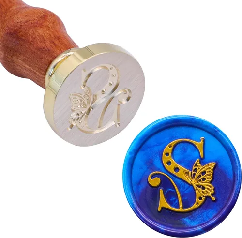Miniatura 5 de SWANGSA Kit de sello de cera inicial del alfabeto S, sello de sellado de letras de mariposa vintage con 200 cuentas de cera de sellado