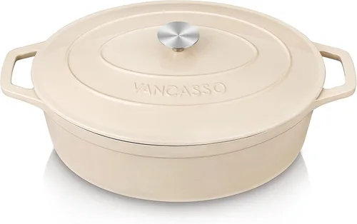 vancasso Horno holandés de hierro fundido esmaltado, olla holandesa de 9.3 cuartos de galón con tapa, olla ovalada de hierro fundido con Crema