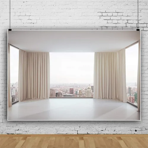 Miniatura 3 de 5 x 3 pies, ventana francesa, vista de fondo, paisaje de la ciudad, interior moderno, cortinas blancas para habitación, fotografía, telón de fondo