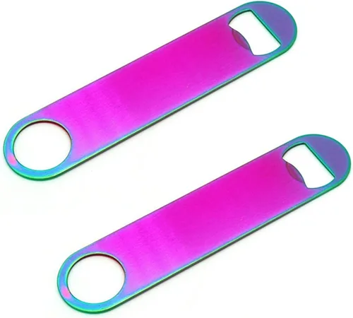 Abrebotellas plano de acero inoxidable de color arcoíris, resistente y duradero, 2 piezas para enviar a amigos, adecuado para bares, camareros,