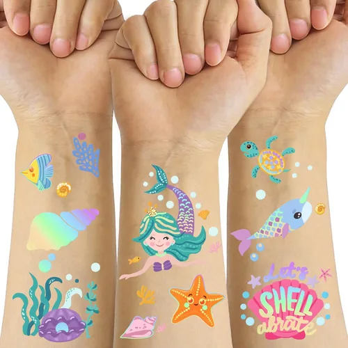 Miniatura 7 de Más de 326 tatuajes temporales para niños, 60 hojas de tatuajes falsos de acuarela pequeños con sirena, camión, animales, princesas, pirata, Verde