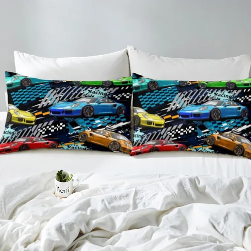 Miniatura 6 de Manfei Coloful - Sábana bajera ajustable de auto de carreras para niños, 2 piezas, para decoración de habitación de niños y adolescentes, funda