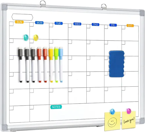 Miniatura 10 de Calendario de borrado en seco para pared, pizarra blanca magnética mensual de 24 x 18 pulgadas, borrado en seco, marco de aluminio negro con bandeja
