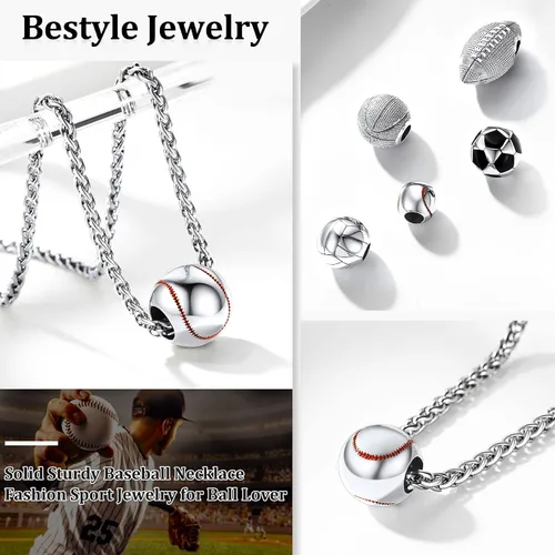 Miniatura 2 de Bestyle Collar con colgantes de bola vívida para hombre, acero inoxidable sólido, fútbol, baloncesto, voleibol, pelota de rugby, béisbol, plateado