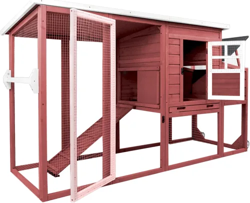 Miniatura 11 de Gowoodhut Gallinero de madera maciza con jaula grande de 2 pisos, techo de asfalto, caja nido, ruedas de PU, perca de pollo con poste Techo