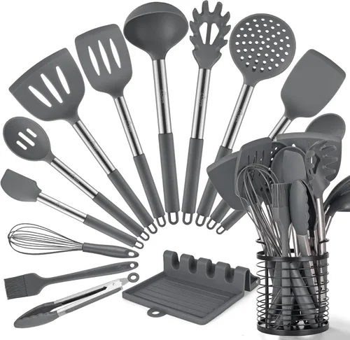 HOTEC Utensilios de cocina de silicona resistentes al calor de 446 °F, juego de utensilios de cocina, juego de espátula, sin BPA, utensilios de Gris