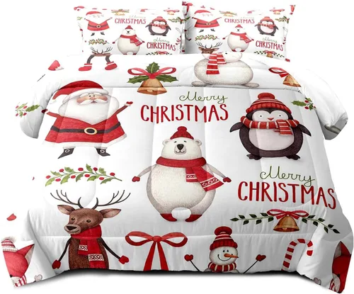 Miniatura 2 de LUVIVIHOME Juego de edredón de 2 piezas de oso de Navidad, tamaño individual, copos de nieve blancos, rojo y negro, a cuadros, ropa de cama