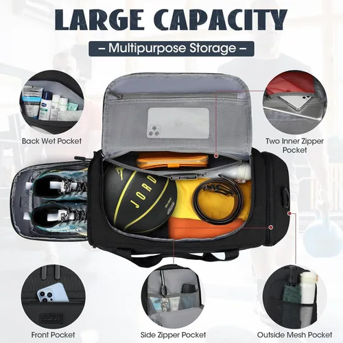 Miniatura 3 de Bolsa de gimnasio para hombre, 40 L, bolsa de lona deportiva para gimnasio, bolsa de lona para mujer, con compartimento para zapatos y bolsillo