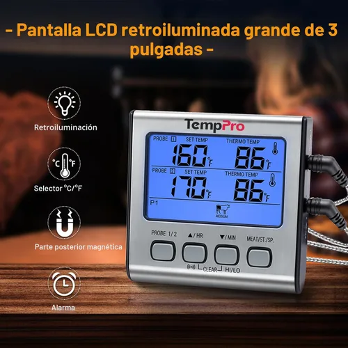 Miniatura 7 de Termómetro digital ThermoPro TP17 de doble sonda para cocinar carne, gran pantalla retroiluminada LCD, termómetro con temporizador para ahumador