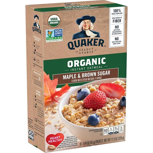 Avena instantánea orgánica Quaker sabor arce y azúcar morena, cereal para el desayuno, 8 paquetes por caja (paquete de 6 cajas)