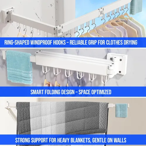 Miniatura 7 de Tendedero de pared para lavandería - Perchero secador de ropa plegable con giro de 180°, capacidad de 220 libras, construcción de aluminio