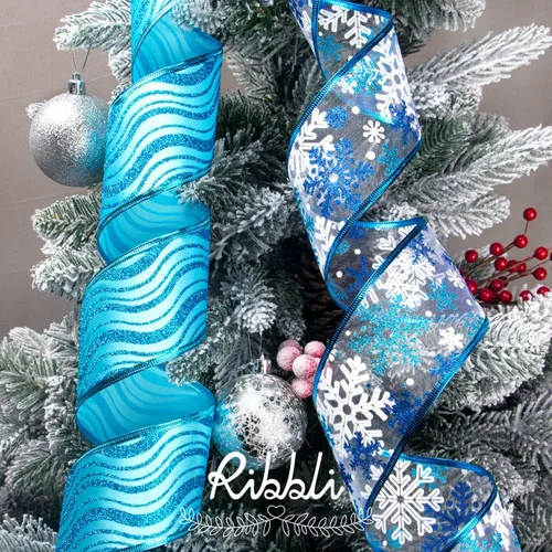 Miniatura 5 de Ribbli Cinta azul y plateada para árbol de Navidad, con alambre, purpurina, 6 rollos de 2.5 pulgadas, total de 36 yardas, para árbol, manualidades