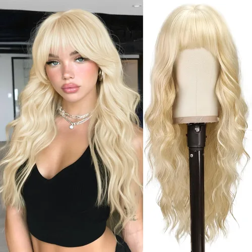 Miniatura 10 de BARSDAR Peluca rubia corta ondulada con flequillo, pelucas cortas onduladas de 14 pulgadas para mujer, pelucas sintéticas suaves hasta el hombro