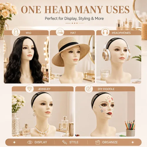 Miniatura 2 de Forma de cabeza de maniquí femenino de 17 pulgadas con pestañas y labios, soporte de exhibición para pelucas, sombreros, joyas