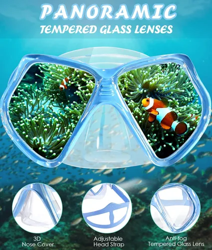 Miniatura 7 de Seago Gafas de natación para niños con cubierta para la nariz, máscara de esnórquel, máscara de buceo y natación, vidrio templado antivaho con Azul