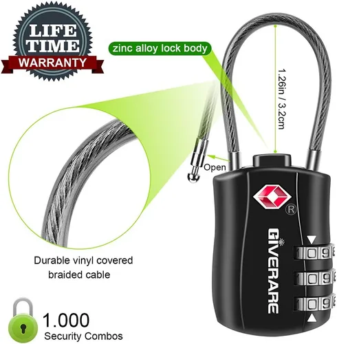 Miniatura 3 de GIVERARE Cerraduras de equipaje aprobadas por la TSA, cerradura de cable de viaje combinada, candados de 3 dígitos reconfigurables con cuerpo de 1