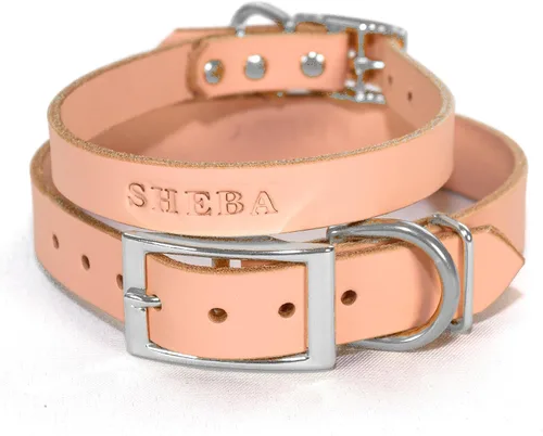 Miniatura 7 de Collar de perro de cuero de brida personalizado hecho a mano, nombre de mascota grabado, herrajes en tono níquel/plateado (marrón desgastado)