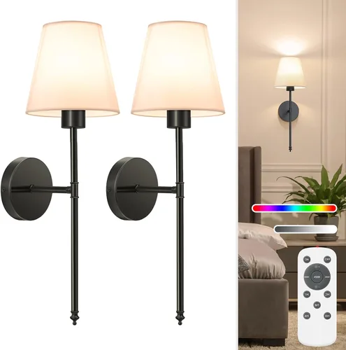 Miniatura 27 de NIORSUN Juego de 2 apliques de pared con pilas de 13.8 pulgadas, luces de pared recargables negras con bombillas desmontables regulables de 10400