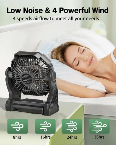 Miniatura 5 de AEscod Ventilador de camping portátil, recargable con luces LED, gancho para colgar, rotación de 270°, ventilador de batería de 20000 mAh