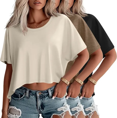 Miniatura 31 de Huukeay Paquete de 3 camisetas recortadas de gran tamaño para mujer, manga corta, holgadas, cuello redondo, holgadas, para entrenamiento