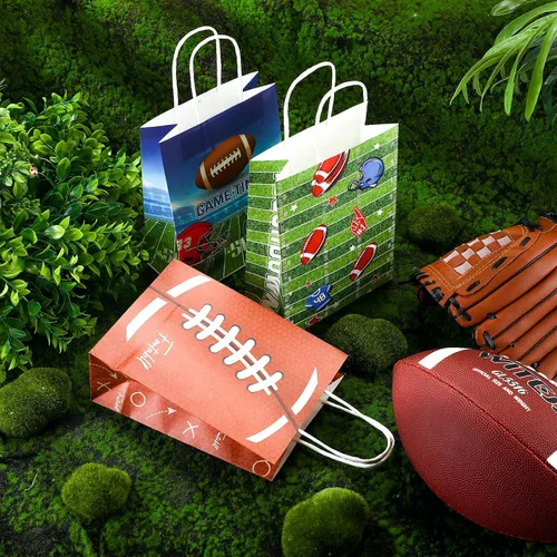 Miniatura 7 de Zonon 20 bolsas de regalo de fiesta de fútbol, bolsas de regalo de papel con patrón de fútbol, golosinas con asas, para equipos deportivos de rugby