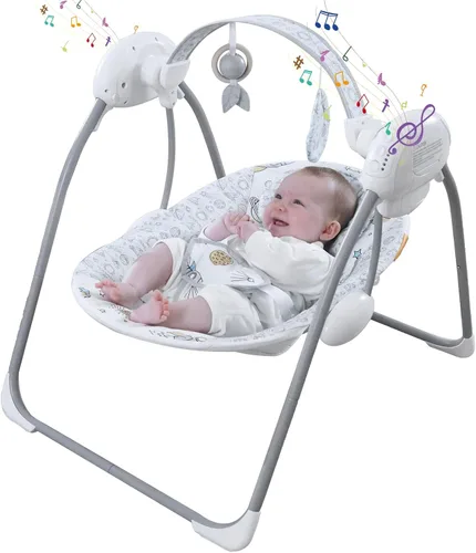 Miniatura 8 de Columpio de bebé portátil para bebés, compacto y plegable con columpio de 5 velocidades, música, temporizador, asiento acolchado, funciona