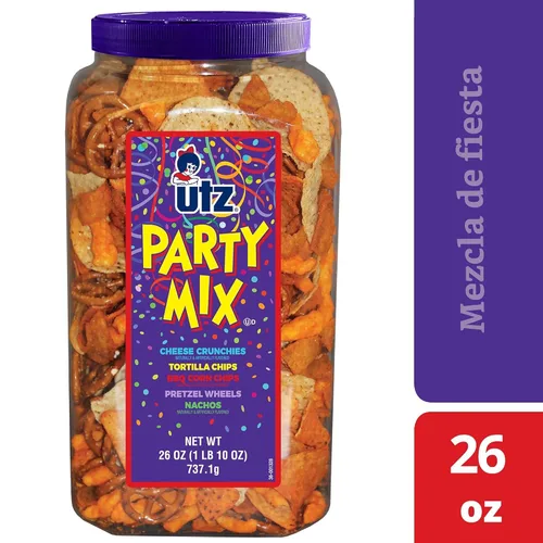 Miniatura 6 de Utz - Mix para fiestas en barril de 737,1 g (26 onzas). La sabrosa mezcla de picadillos incluye tortillas de maíz, tortillas de nachos, pretzels