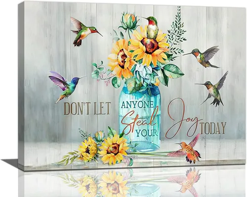 Bulldog Leather Works Lienzo decorativo abstracto de colibrí y girasol, con citas inspiradoras, póster de flores de granja, decoración moderna para