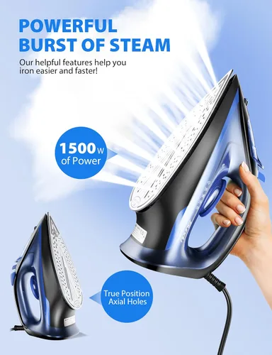 Miniatura 2 de Plancha de vapor para ropa con suela revestida de cerámica de calentamiento rápido, 1500 W con esfera de termostato precisa, autolimpieza, apagado