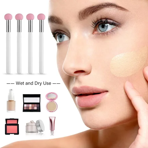 Miniatura 7 de Sibba Juego de 4 brochas de base de maquillaje con mango rosa y blanco para polvo, rubor, contorno y corrector, incluye esponja, pinceles de mezcla