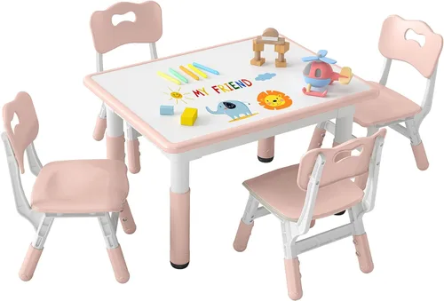 DOREROOM Juego de mesa y 4 sillas para niños de altura ajustable, juego de mesa y silla para niños pequeños con superficie de graffiti, 31.5''L x