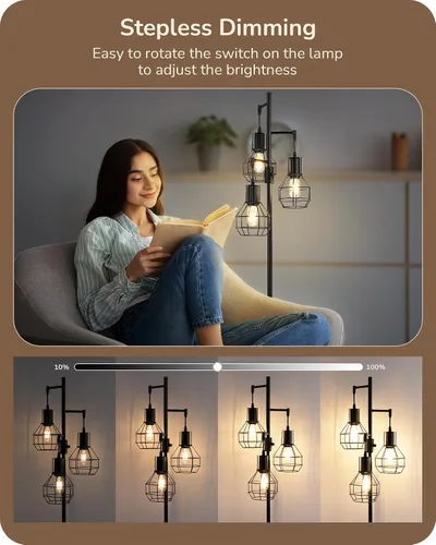 Miniatura 2 de EDISHINE Lámpara de Pie Regulable Estilo Granja, Lámpara de Pie Industrial para Sala de Estar, 3 Bombillas LED Edison Incluidas, Lámpara de Lectura