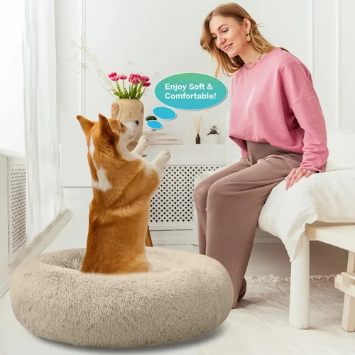 Miniatura 6 de SAVFOX Camas calmantes de felpa para perros, cama de perro de dona para perros pequeños, tamaño mediano, grande y extragrande, cómoda cama para Beige