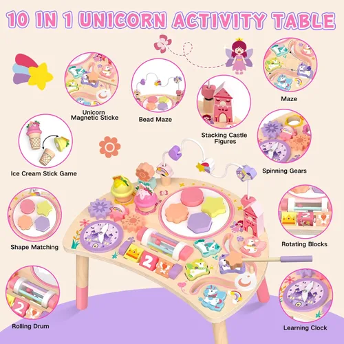 Miniatura 2 de Mesa de actividades de madera para niños pequeños de 1 a 3 años, unicornio 10 en 1, tablero Montessori ocupado con forma de laberinto de cuentas