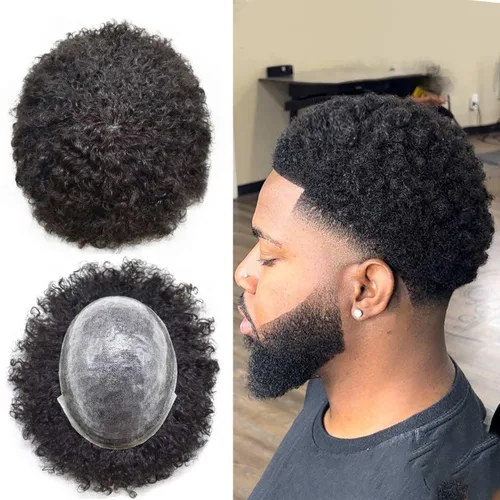 LYRICAL HAIR Afro Curly Mens Toupee Afro American Hair System Replacement 10X8 All Injected Poly Skin PU Afro ondulado 6MM Curl Hairpiece #1 Jet