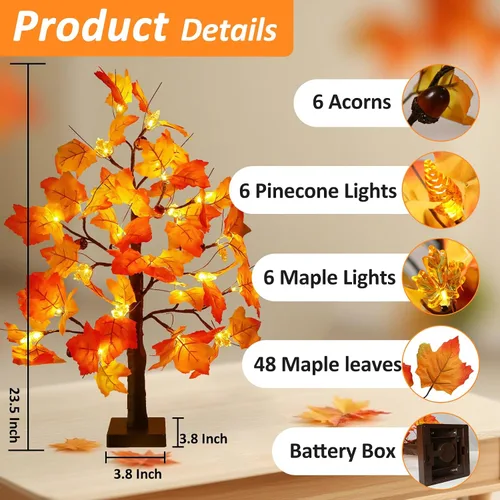 Miniatura 2 de Joyhalo Paquete de 2 Árboles de Otoño de 23.5 Pulgadas con Luces, Temporizador a Pilas, Árbol Iluminado de Otoño para Acción de Gracias