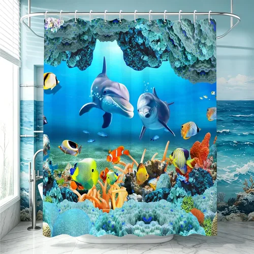 Miniatura 12 de Yeele Cortina de ducha con diseño de delfín, diseño de animales submarinos, tropical, con temática de vida silvestre, océano, azul, para baño