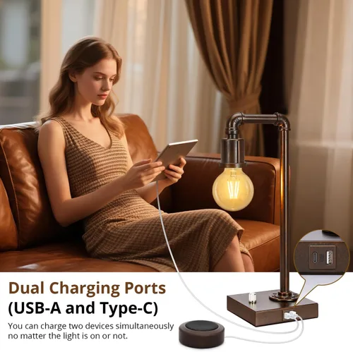 Miniatura 3 de Lámpara de mesa industrial para dormitorio, lámpara de noche completamente regulable con puertos USB C+A, lámpara vintage con diseño de tubo