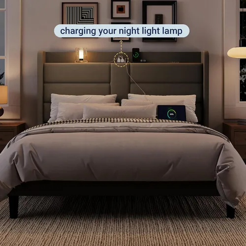 Miniatura 9 de Allewie Base de cama de plataforma tamaño Queen con estación de carga y cabecera de almacenamiento, diseño tapizado de terciopelo con respaldo y Gris