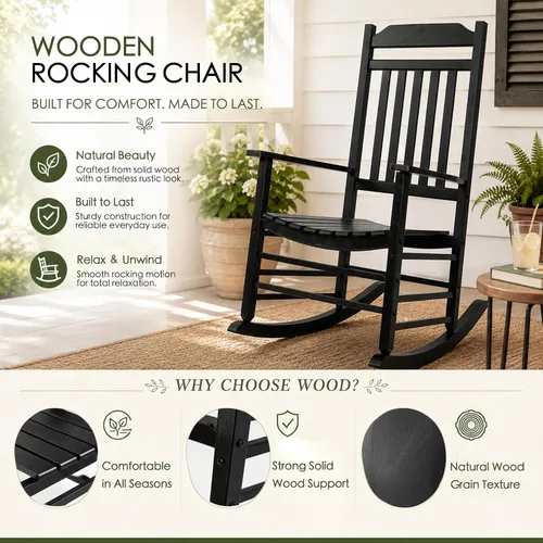 Miniatura 5 de Kozyard Mecedora de madera, silla mecedora de madera maciza para exteriores con respaldo alto y asiento de listones, mecedora ergonómica